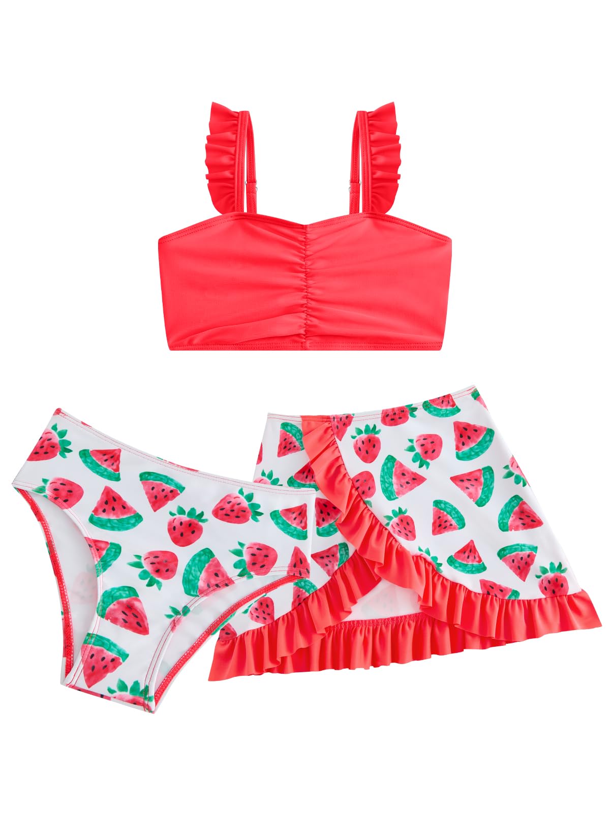 JiAmy Costume da bagno da bambina, 3 pezzi, con gonna, con volant, costume da bagno per bambini, spalline regolabili, fragola, sirena, anguria, ciambella, 4-8 anni