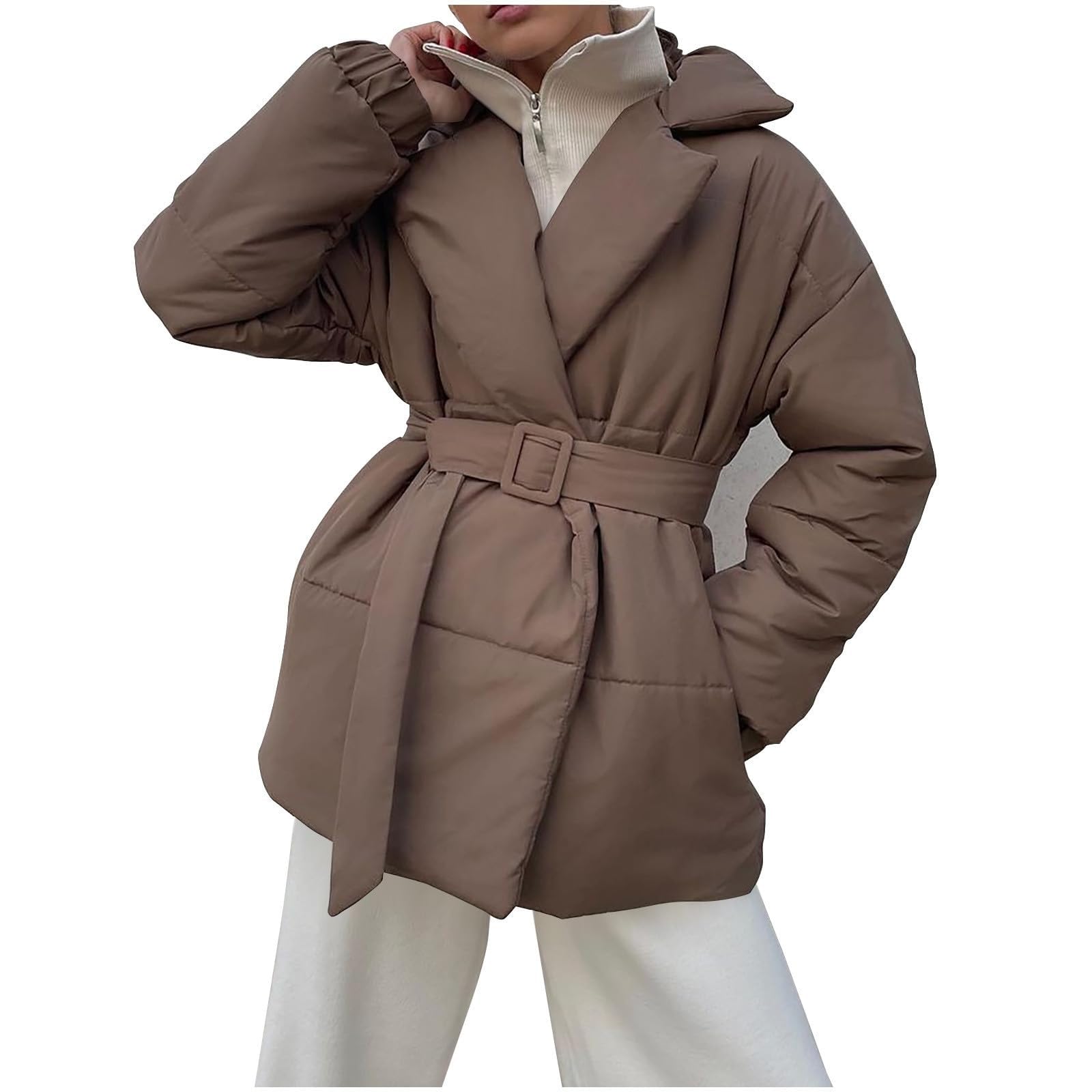 Chaqueta ligera de plumón para mujer, abrigos de invierno para mujer, parka con cinturón, chaqueta acolchada de color sólido, abrigos cálidos de invierno para mujer, abrigos acolchados de manga larga