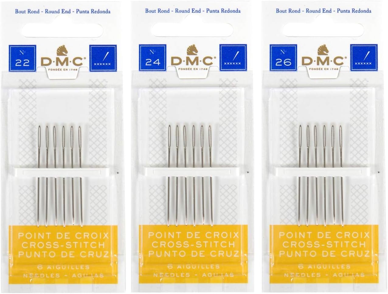 DMC 3 Pack Size 22-24-26 (One Pack Each)-Cross Stitch Needles - Total 18 Needles - New Package