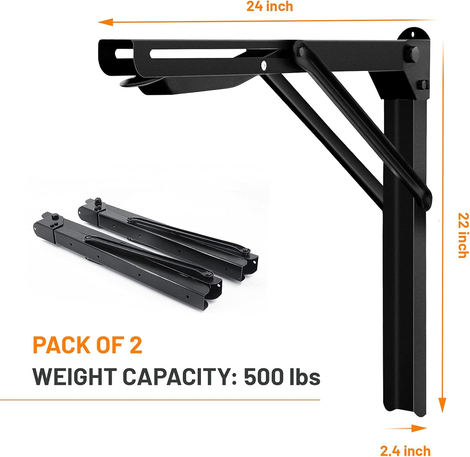 Wallmaster 24inch Folding Shelf Brackets Garage Heavy Duty Steel Max Load 500lb Floating Wall Mounted Collapsible Shelf Bracket Space Saving (Pack of 2, No Board)