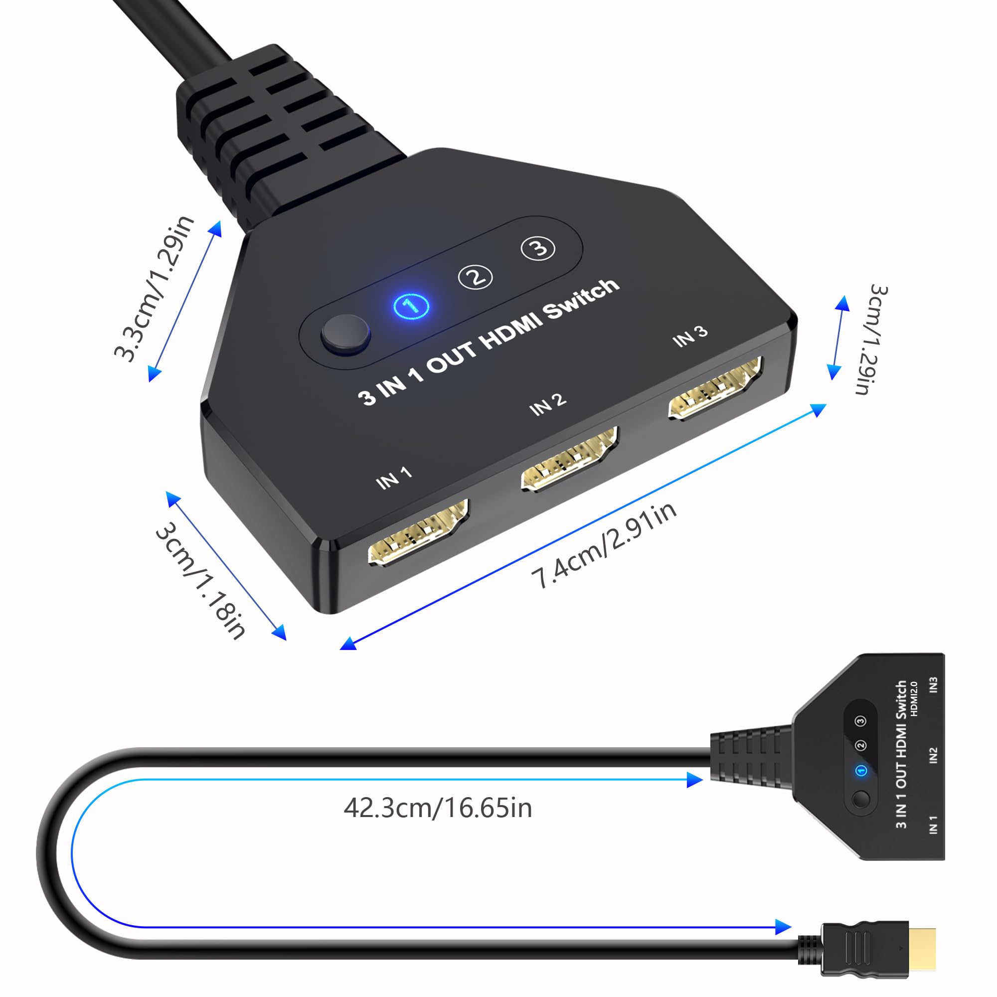 Conmutador HDMI 3 en 1, 4K a 30 Hz, 3 puertos, conmutador HDMI compatible con Full HD 1080P 3D, compatible con Roku Fire TV Stick HDTV PS4/PS5 Xbox One Chromecast, compatible con Mac/Win/Linux