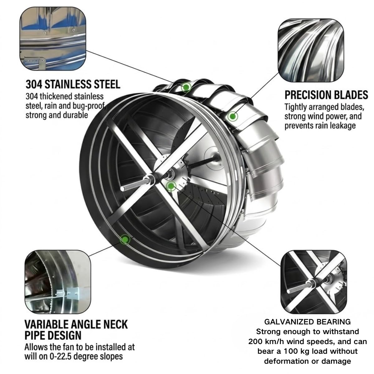 Ventilation Toiture Turbine Inox 304, Chapeau Cheminée Rotatif Éolien