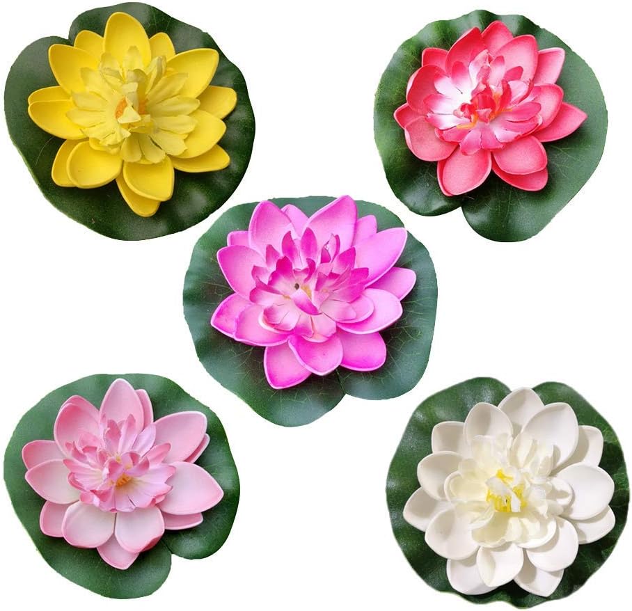 LOGRO Set of 5 Piece Artificial Floating Lotus Foam Flowers with Rubber Leaf for Outdoor, Indoor Home, Wedding, Aquariums Decoration