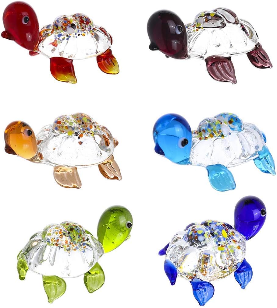 HDCRYSTALGIFTS Set of 6, Hand Blown Glass Sea Turtle Figurines 1.5'' Glass Turtle Miniature Sea Animals Collection for Home Tabletop Decoration, Birthday for Mom Women