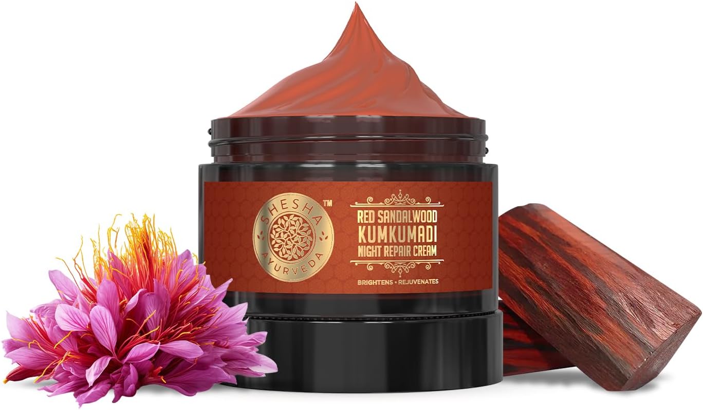 Shesha Ayurveda Red Sandalwood Skin Brightening & Night Repair Cream For Men & Women – For Natural, Anti-Aging, Hydrating, And Radiant Skin, Natural, Ayurvedic