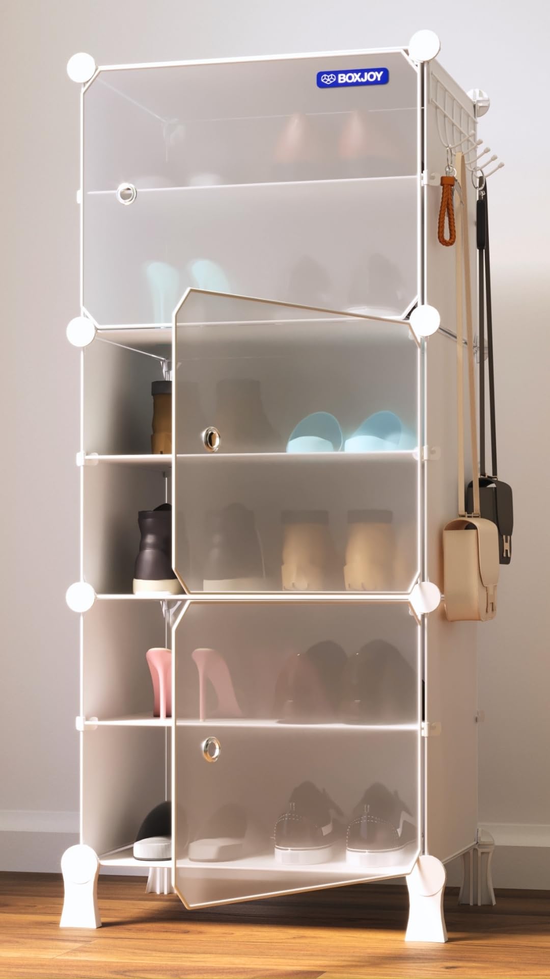 BOXJOY 6 Shelf Shoe Rack with 3 Doors, 5 Hook Steel Holder & Wooden Hammer | Shoes Stand Cabinet for Home Storage PP Plastic Organizer with Metal Frame, Chappal Slipper Box(White Rack, Translucent Door)-image-28