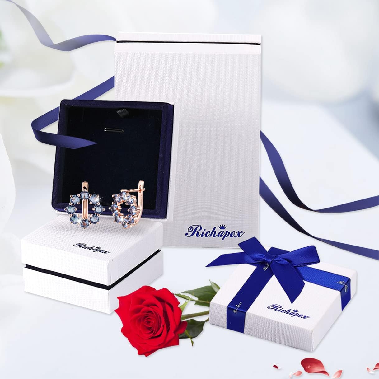 Richapex Sapphire Earrings for women, 18K Gold Plated Crystal Flower Earrings | Small Hoop Earring |Gold Earring for Women - Image 7