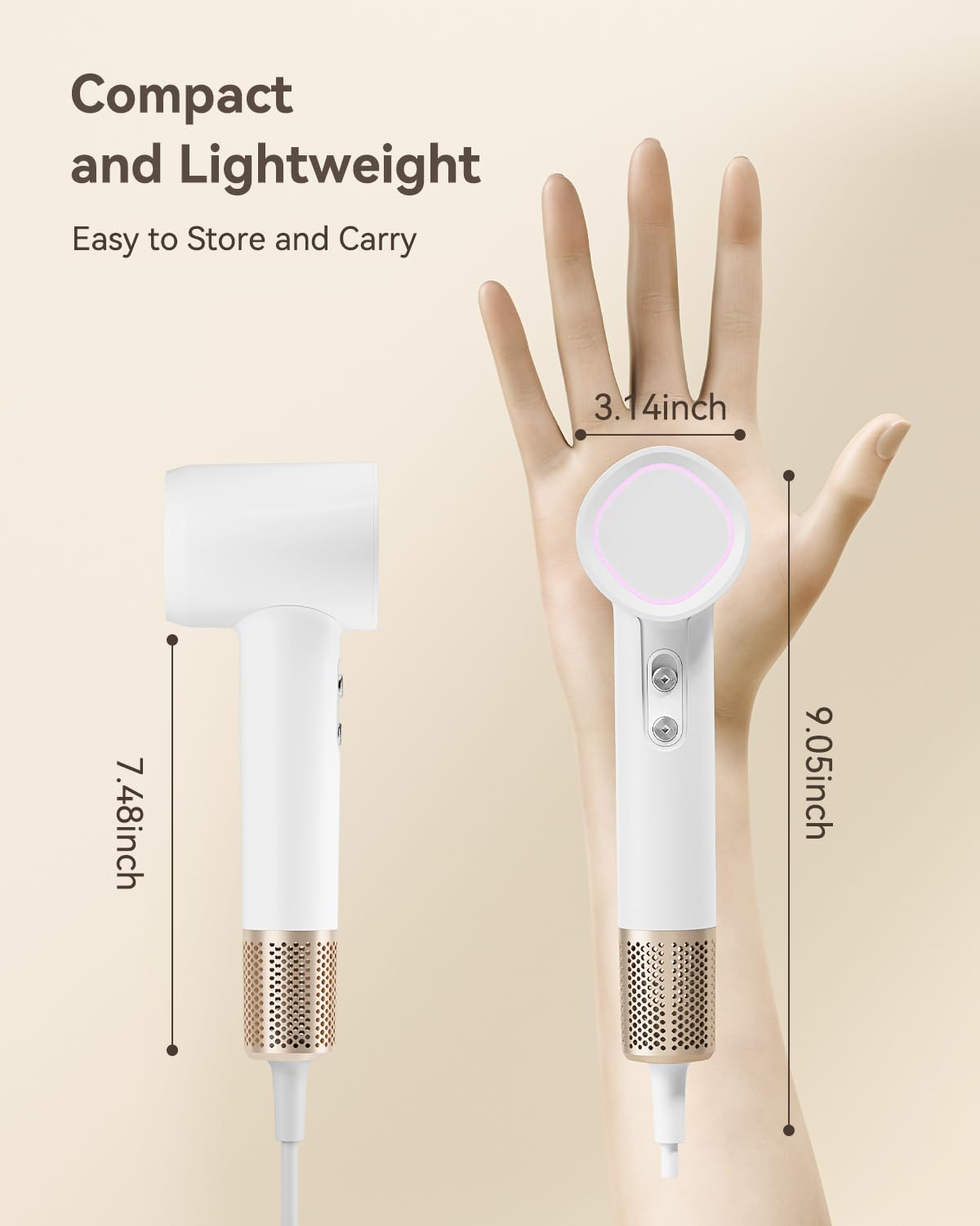 HEXTEK Asciugacapelli ionico, 1700W Phon Capelli Professionale, Phon a 200 Milioni di Ioni Negativi, Asciugatura Rapida 110000 giri/min ad Alta Velocità per Phon da Viaggio, 59dB Rumore Basso(Bianco)