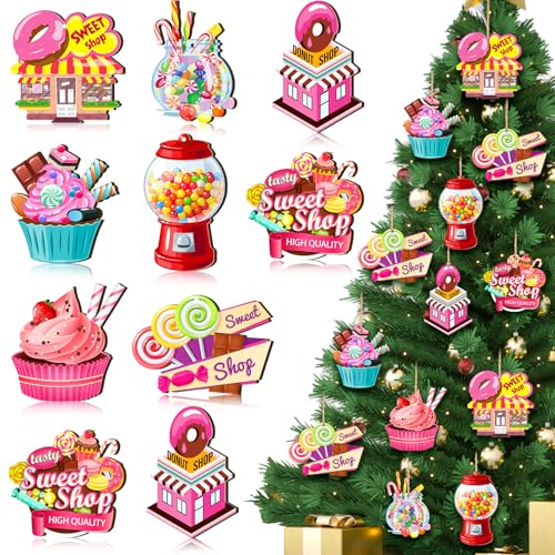 24 Pcs Christmas Candy Ornaments Pastel Wooden Christmas Tree Decorations Candy Cane Cake Lollipop Ice Cream Ornaments with Rope for Home Xmas Tree Topper DIY Party Decor