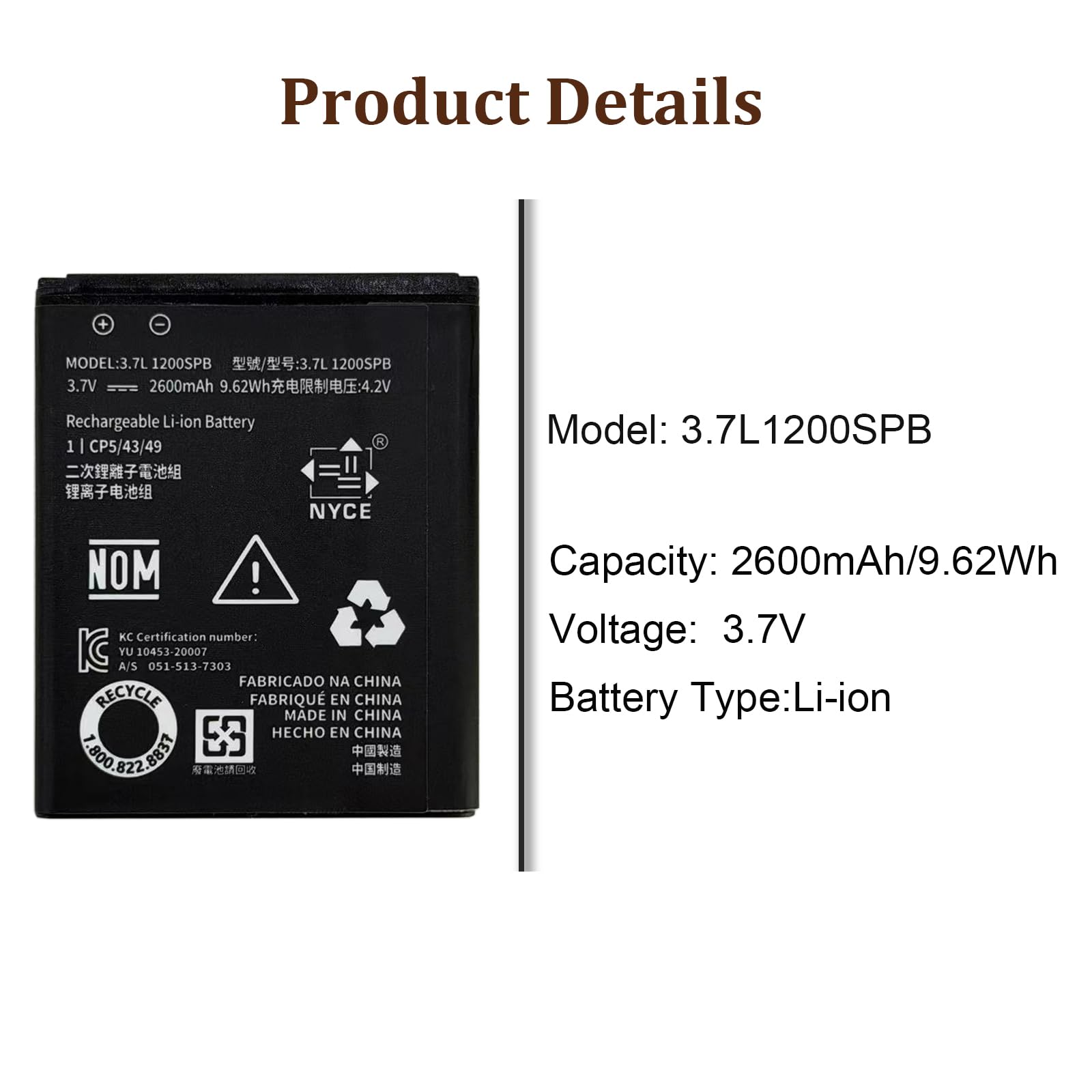 Batterie de rechange haute capacité 2600 mAh 3,7 L1200SPB 3,7L1200SPA compatible avec Texas Instruments TI-84 Plus CE, TI Nspire CX II, TI Nspire CX CAS II, P11P35-11-N01