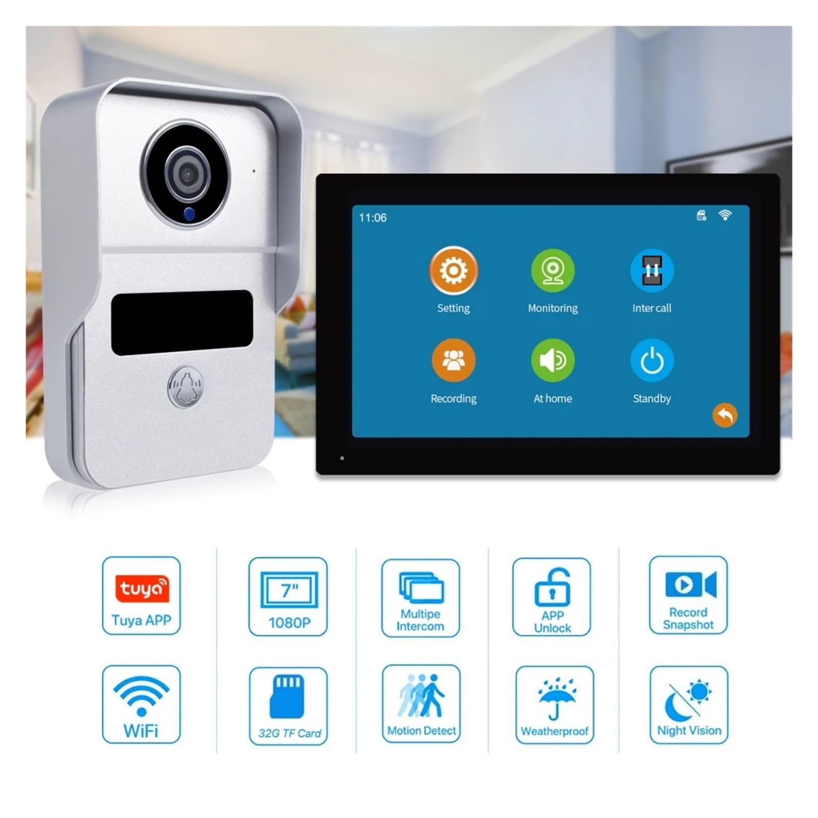 Sistema de Portero automático con vídeo residencial, WiFi Inteligente de 7 ", Pantalla táctil, Puerta de Entrada inalámbrica RFID for apartamento, casa y Villa
