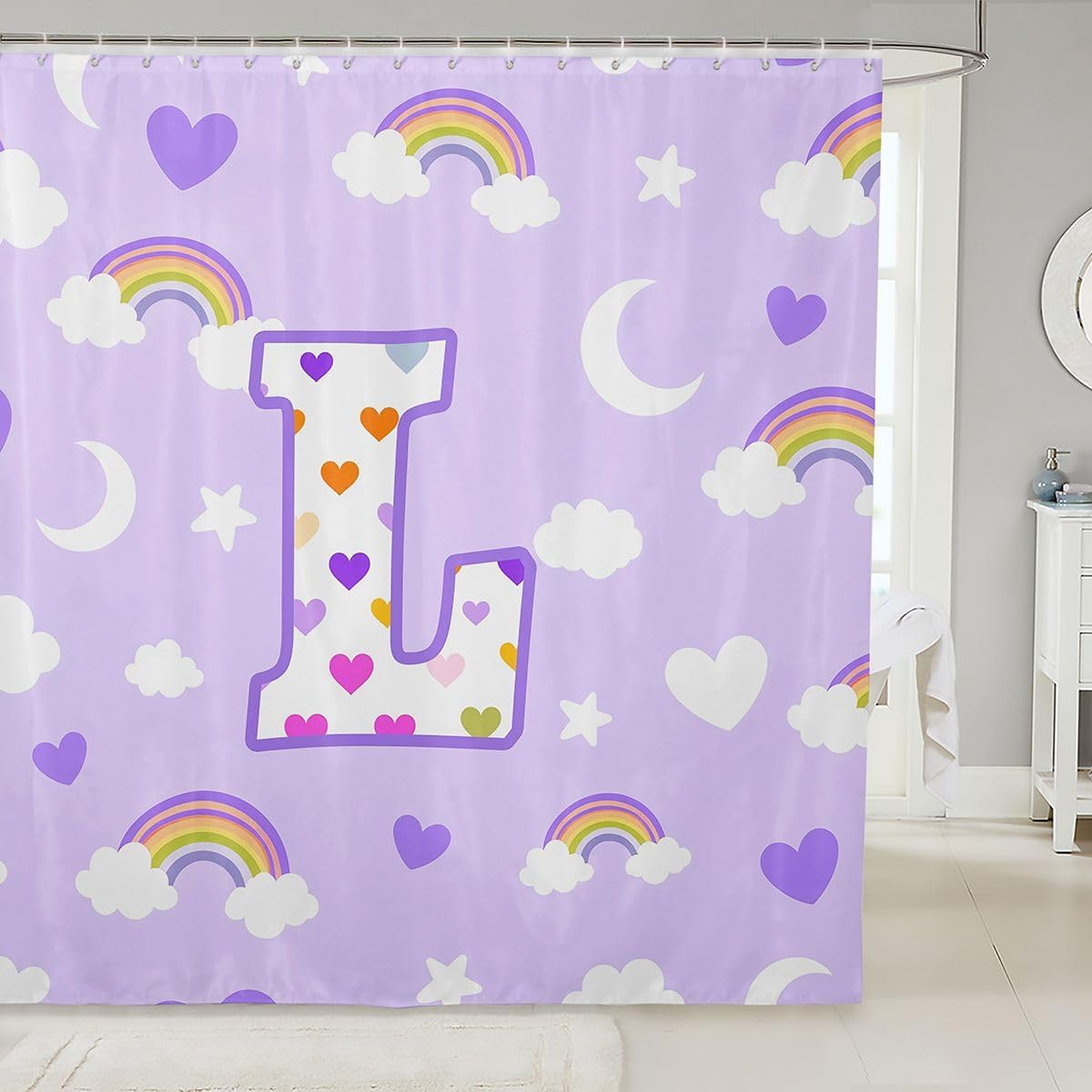 jejeloiu Cute Purple Rainbow Shower Curtain Star Moon Print Bath Curtain Personalized Letter L Bathroom Waterproof Accessories with 12 Hooks Colorful Love Heart Waterproof Polyester,72x72 Inches