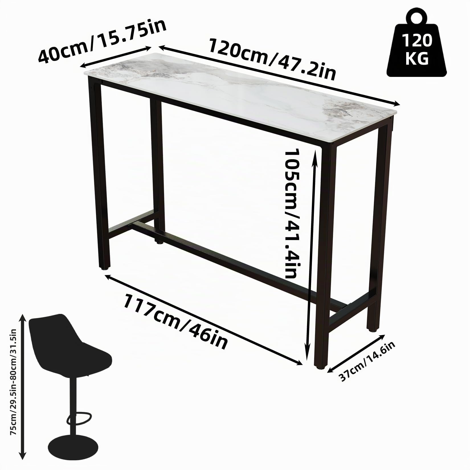 FATIVO High Kitchen Marble Bar Table: 120 x 40 x 105 cm Jade White Metal Dining Table, Outdoor Bistro Table in Sintered Stone, Standing Rectangular for Restaurant, Coffee Shop