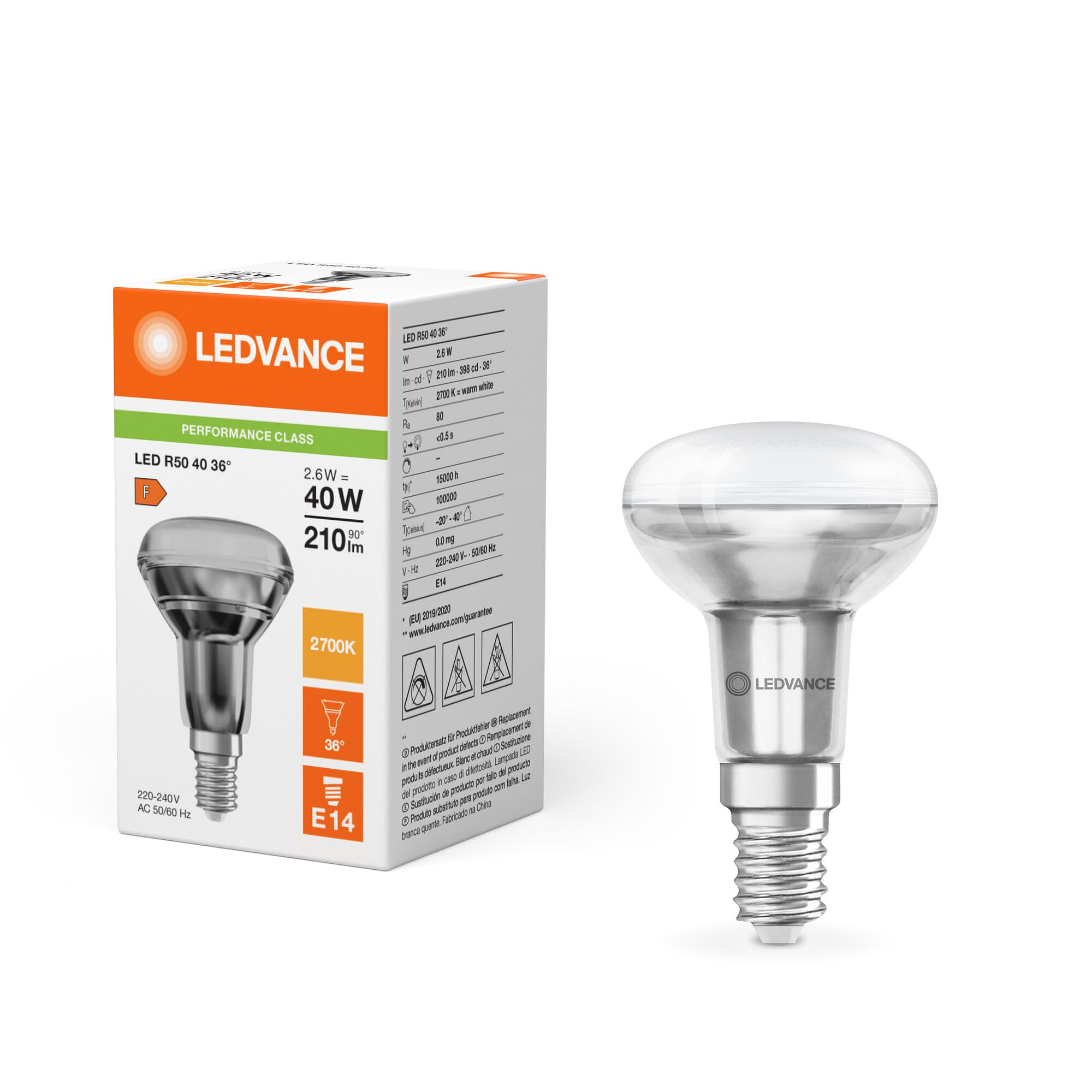 Ledvance 2.6W Led R50 Bulb, E14, 2700K, 210Lm, Non-Dimmable