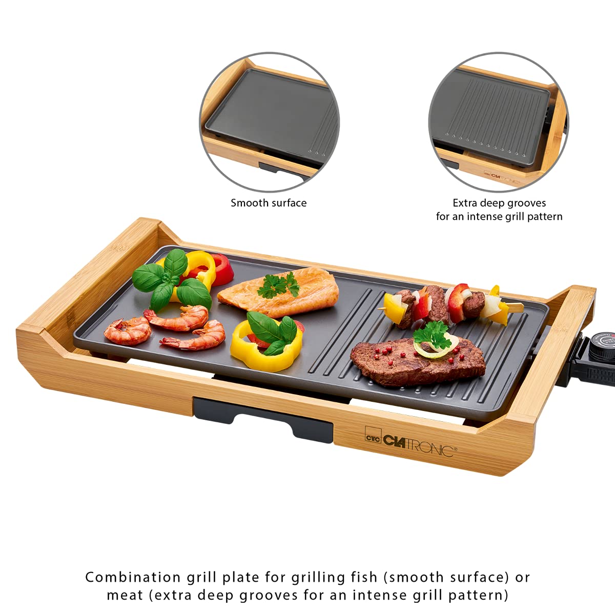 Clatronic TG 3697 1800 W Grill Elettrico Da tavolo Bambù, Nero