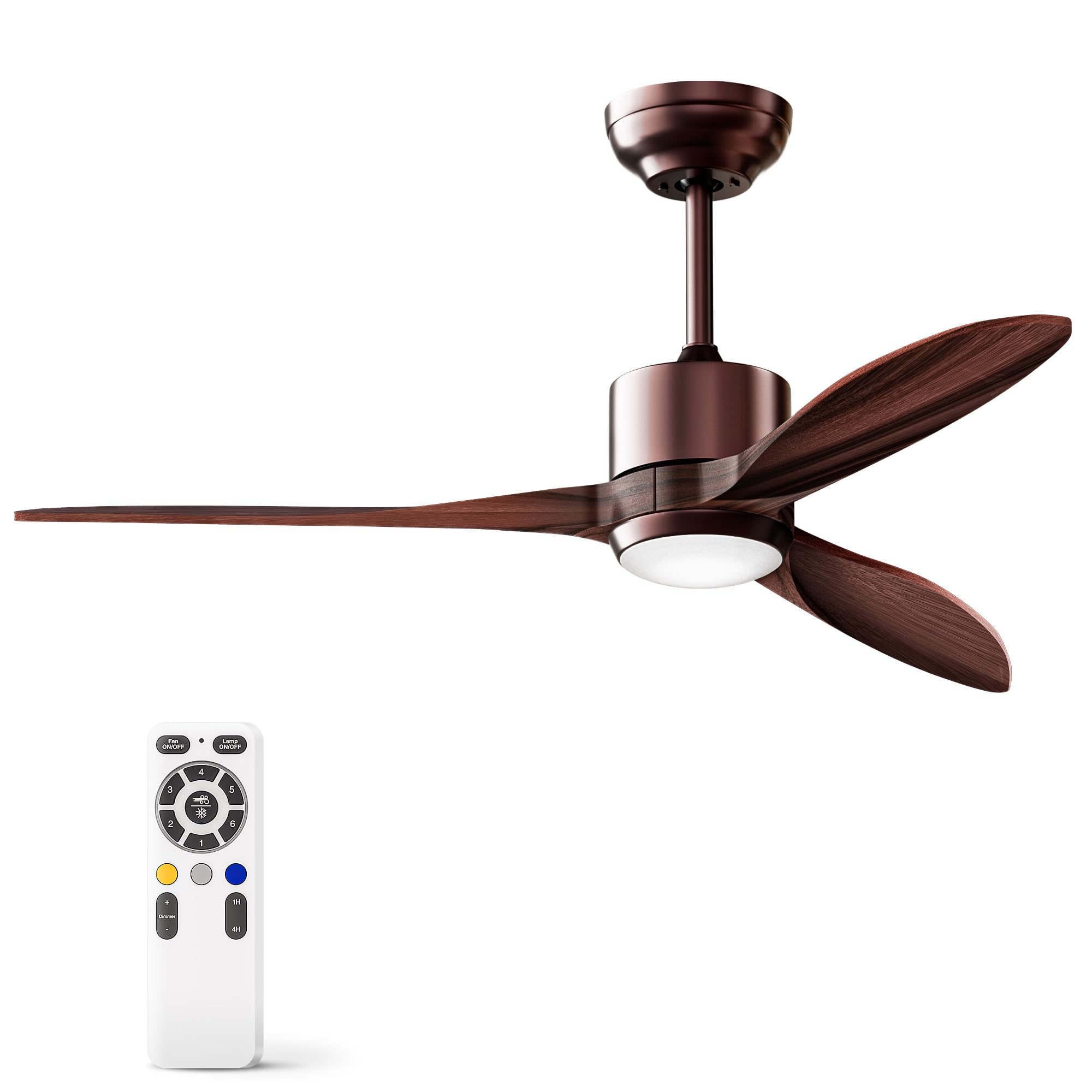 HOOLED Ventilatore da soffitto con luce DC Motore Brushless, 3 Lama Legno 50 inch, velocità del vento regolabile a 6 velocità con funzione di temporizzazione, luce LED regolabile in 3 colori