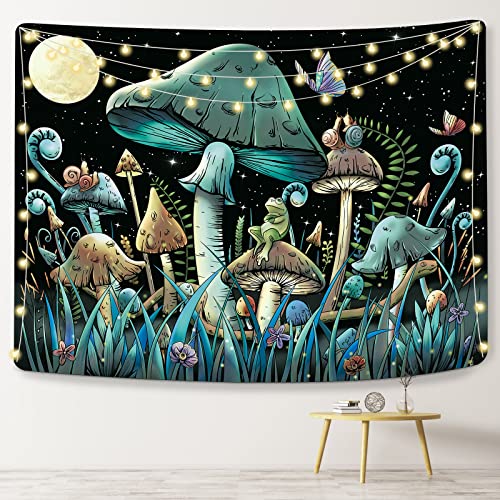KJHL Mushrooms Decor Tapestry 51.2ʺ x 59.1ʺ Hippie Mushroom Frog Tapestry Trippy plant Wall tapestry for Bedroom College Dorm Tapestries