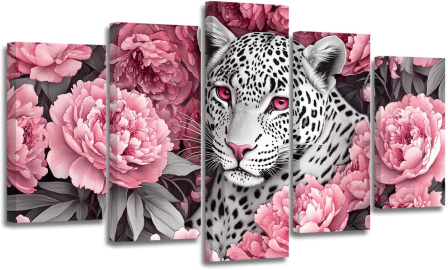 ZSHARTSWD Cheetah Wall Art 5 Piece Leopard and Peony Flowers Picture Black White Leopard Canvas Print Wild Animal Painting for Bathroom Office Decor Framed (Pink, 8x14inx2 8x18inx2 8x22inx1)