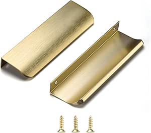 Satanga Edge Finger Tab Pulls for cabinets Kitchen Concealed Drawer Pull Aluminum Hidden Door Handles for Home Pack of 10 Modern Brushed Brass 6&#34; Overall Length Easy Installation