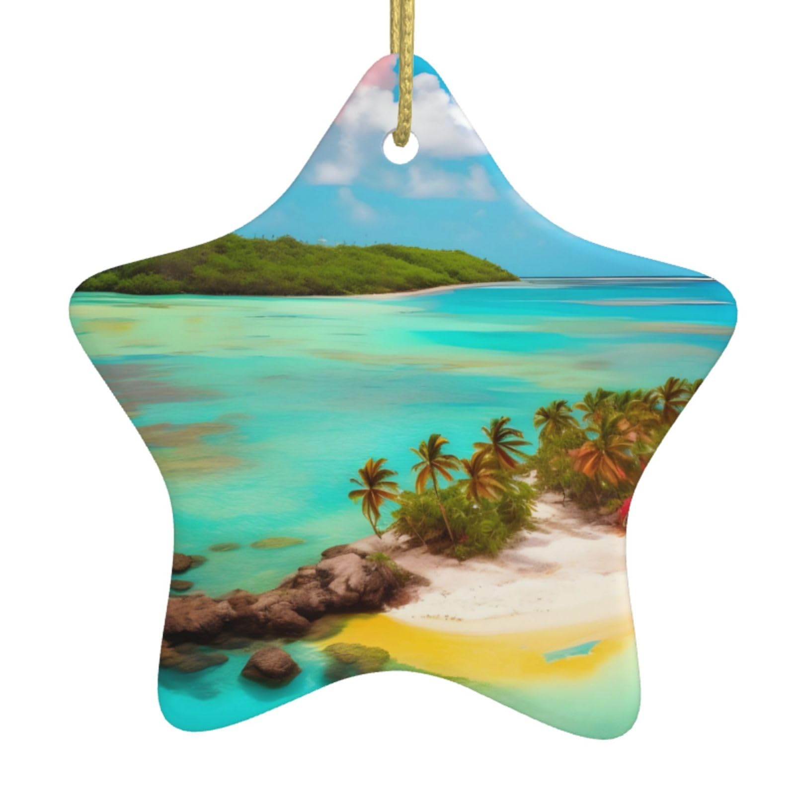 Caribbean Scenery Christmas Ceramic Star Pendant with Punched Holes and Gold Wire Rope, Christmas Tree Home Decoration