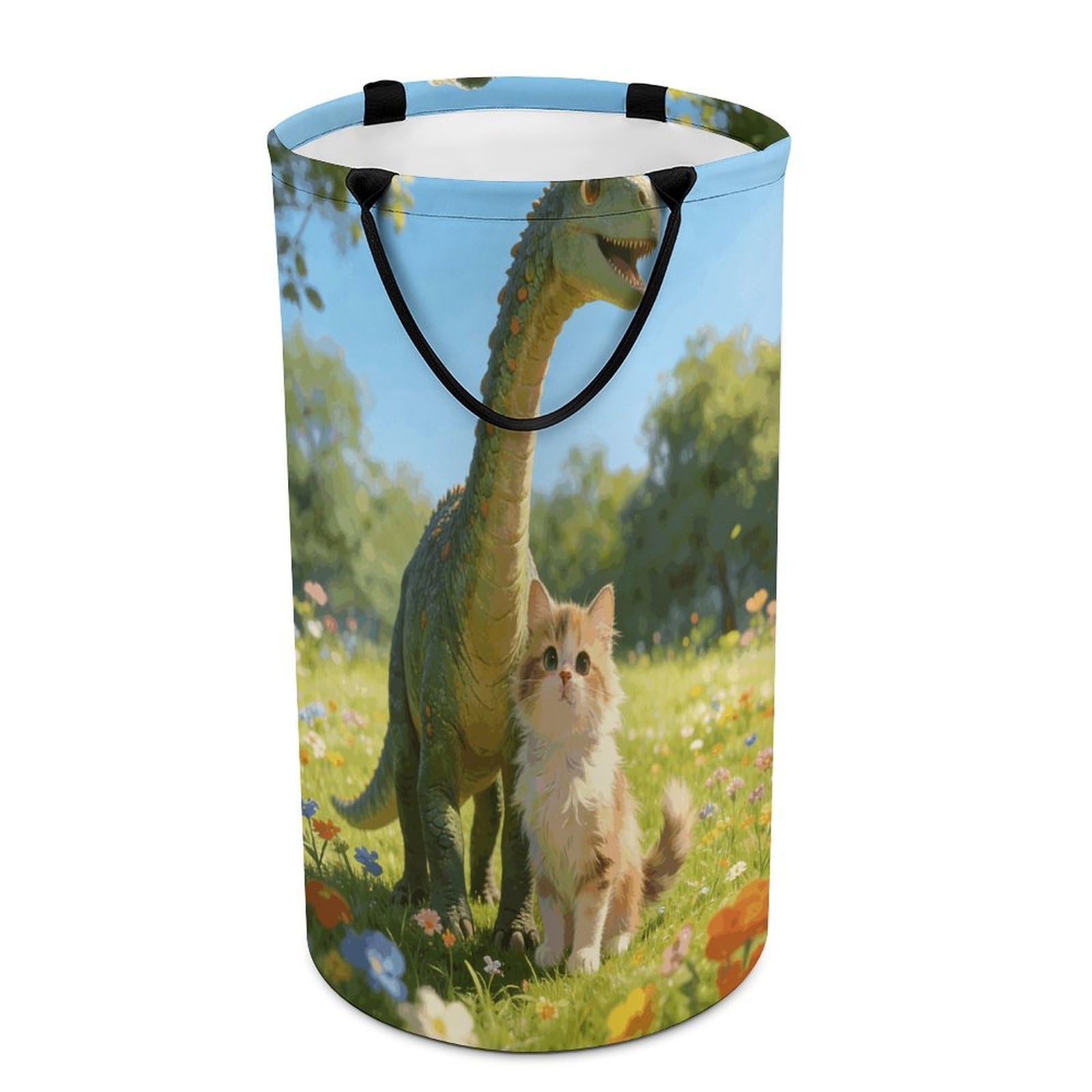 Cat And Dinosaur Laundry Hamper 86L Waterproof Collapsible Clothes Basket with Double Handles Freestanding Foldable Laundry Basket Large Clothes Hamper for Bathroom