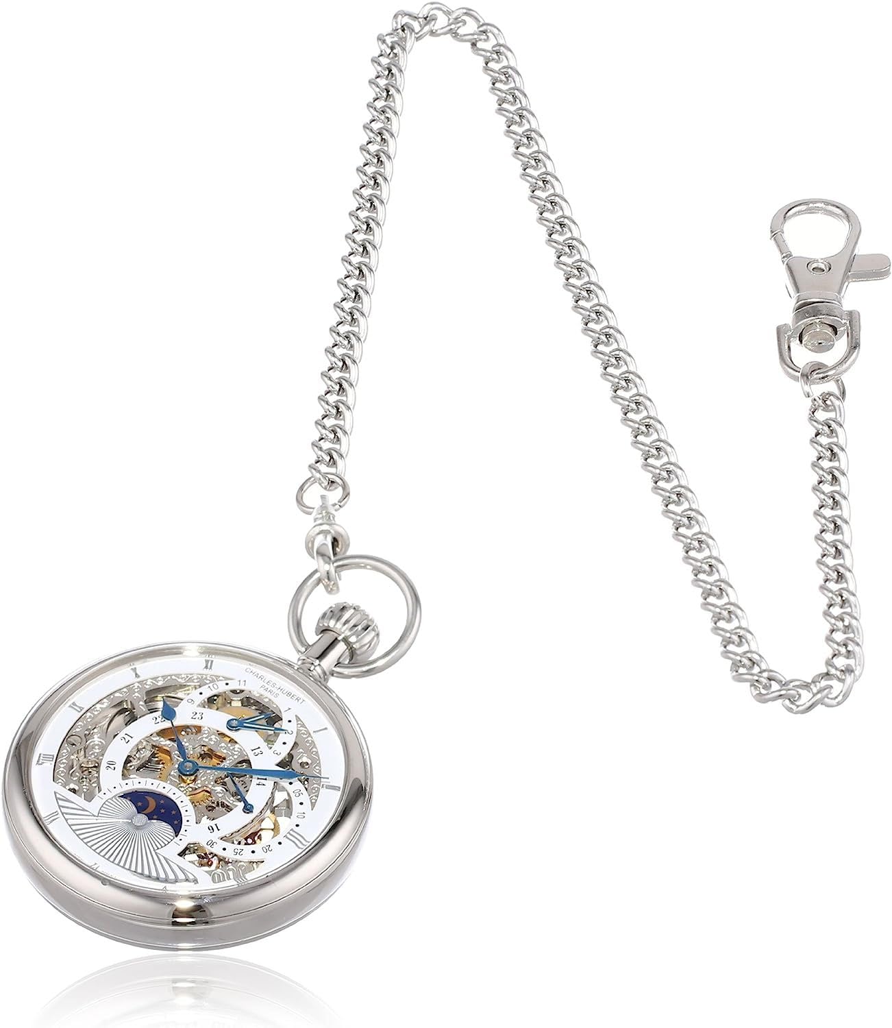 Charles Hubert 3816-W Men's Pocket Watch, Mechanical Hand Winding, Skeleton, Silver