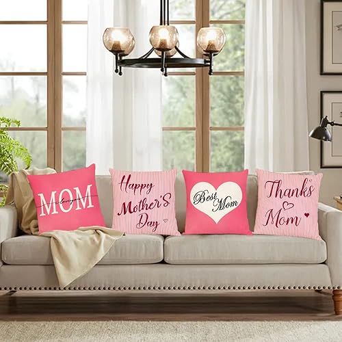 Miniatura 5 de Juego de 4 fundas de almohada para el Día de la Madre Feliz de 18 x 18 pulgadas, fundas de almohada con texto en inglés "I Love You Mom", fundas de