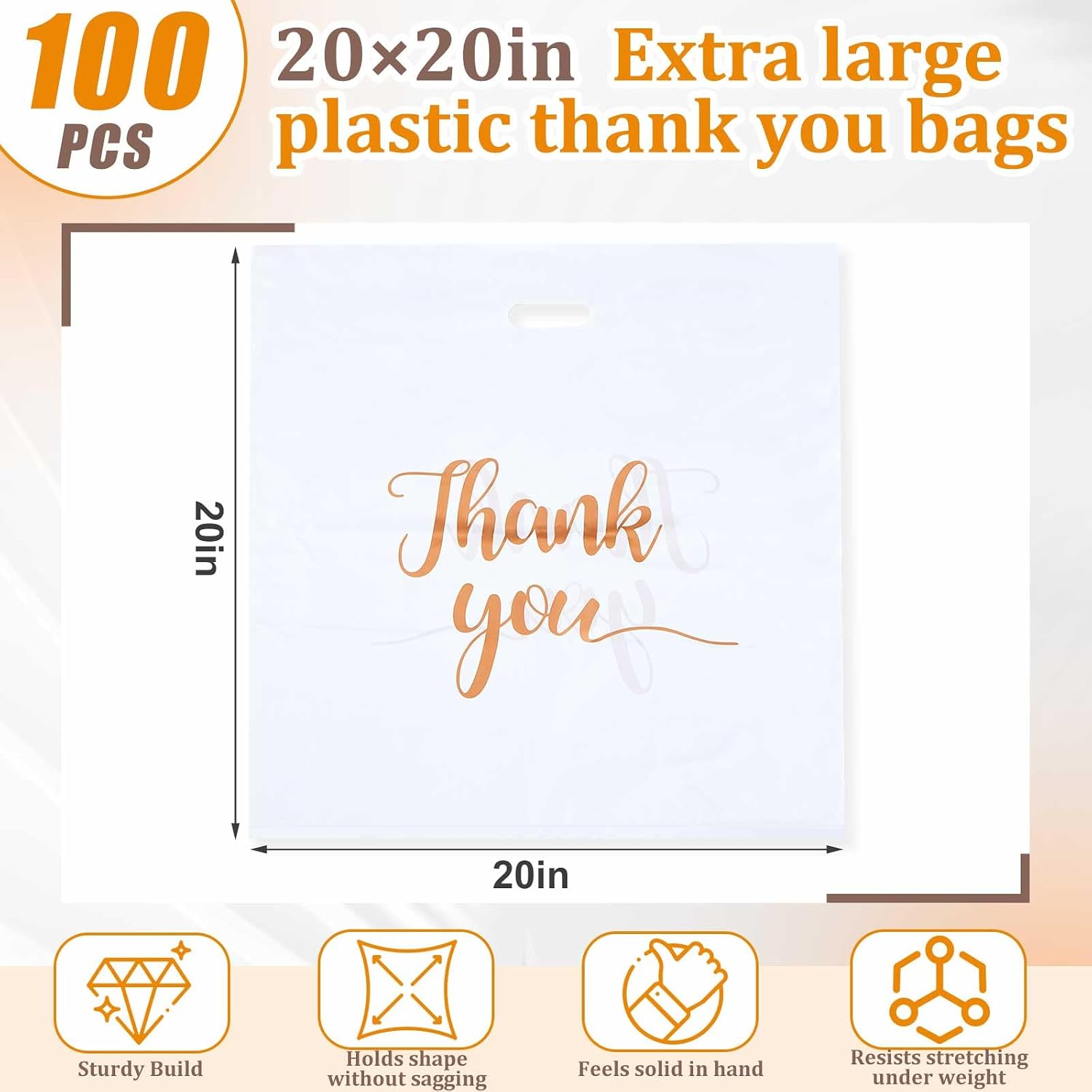 Maitys 100 PCS 20" x 20" Extra Large Thank You Bags with Handle Plastic Shopping Merchandise Retail Boutique Bags for Business, Retail, Gifts, Trade Show and More(White)