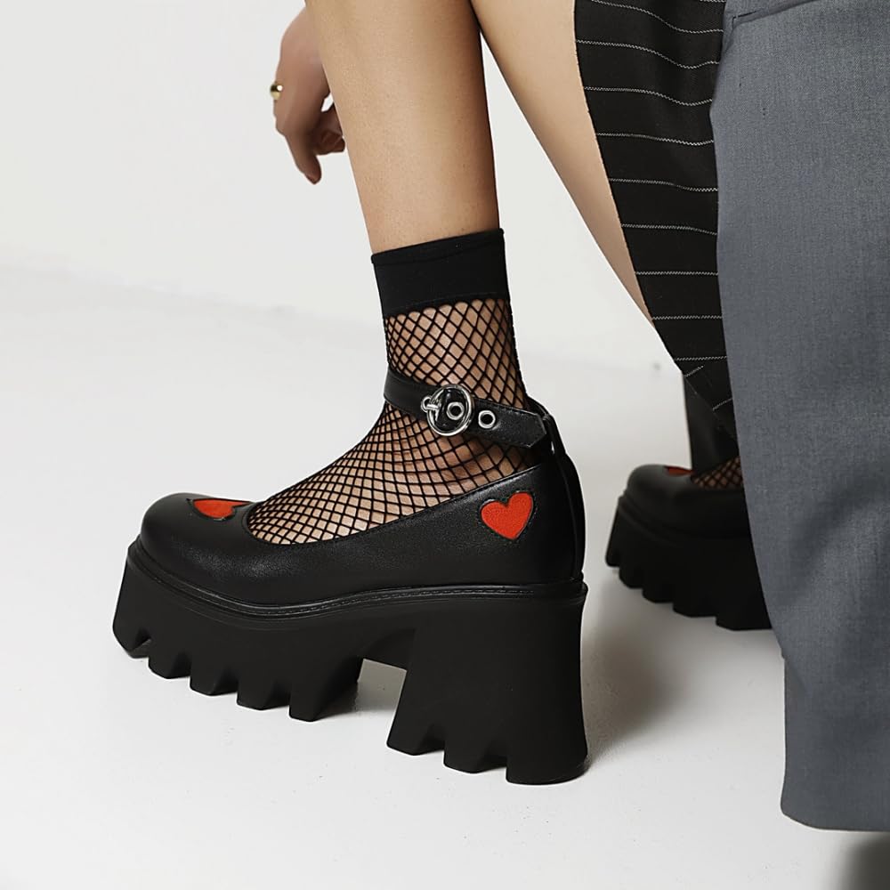 LVJMJ Mary Jane - Scarpe da donna con tacco grosso, plateau, punta quadrata, cinturino alla caviglia, fibbia retrò, gotico, stile scuro, in pelle PU, piattaforma frontale 4 cm, tacco 8 cm