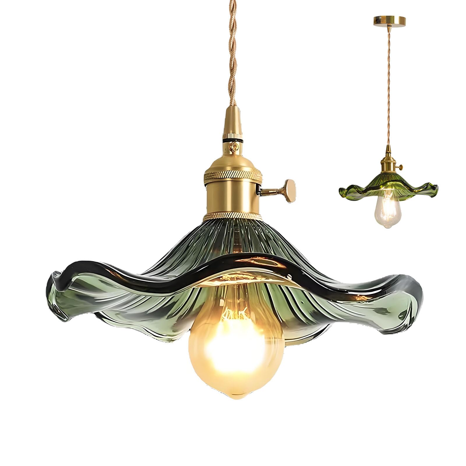 EKSED Lampada a sospensione in vetro verde Presa in ottone dorato con interruttore Lampada a sospensione Plafoniera per isola cucina