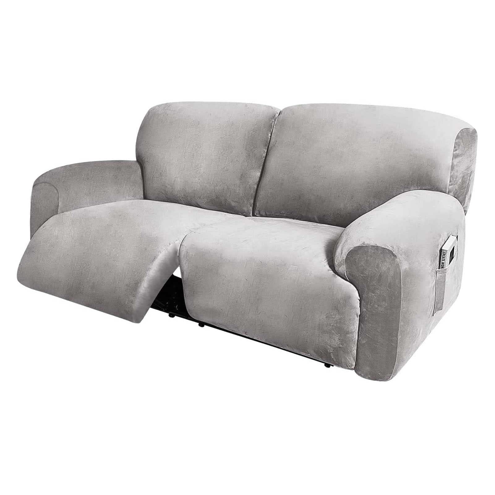 2 Seater Sofa Covers, Recliner Sofa Chair Covers, 6-Piece Extra Wide 75" - 100", Velvet Stretch Reclining Couch Covers, With Side Pocket, Thick Soft Washable (Light Grey)