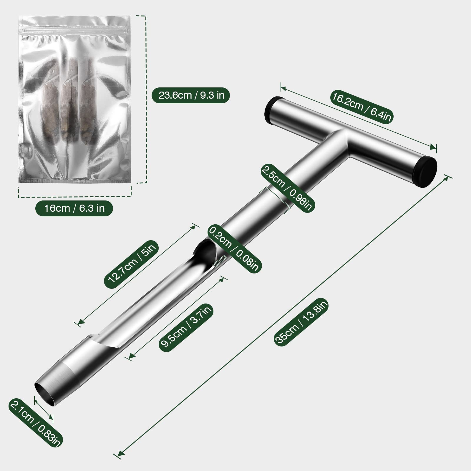 Roylvan Sonda de Muestreo de Suelo, 35 cm Muestreador de Suelo de Acero Inoxidable Forma T con 5 Bolsas de Muestra Reutilizables Herramienta Tierra Mantenimiento para Jardín Césped Campo, Plateado