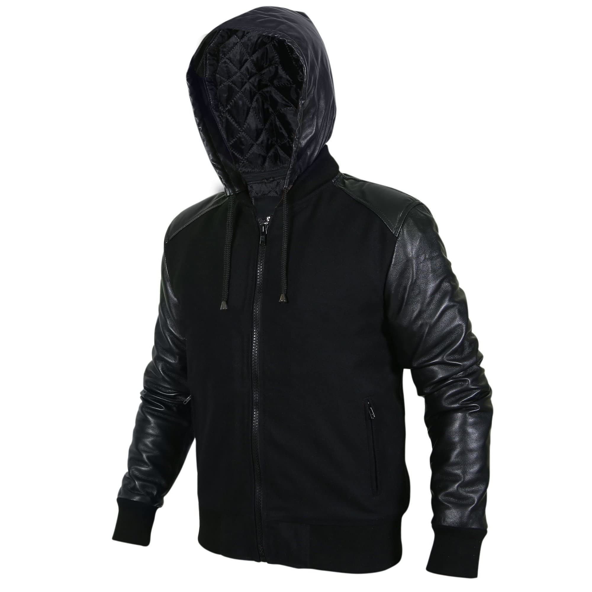 Chaqueta de lana y forro polar negro para hombre, con mangas de piel sintética y capucha extraíble, ajuste delgado, peso pesado para hombre, con capucha casual, Negro - Forro polar., XS