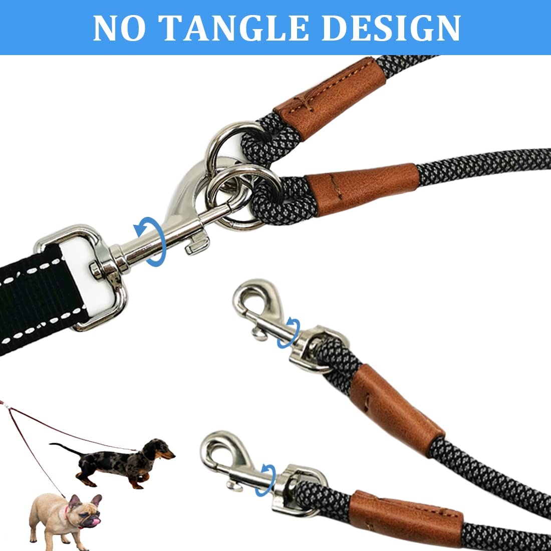 8FT Double Dog Leash, 1/4" Rope Leash for Two Small or Medium Dogs, Soft Handle 360 Swivel No Tangle Dual Dog Leash for 2 Dogs Walking