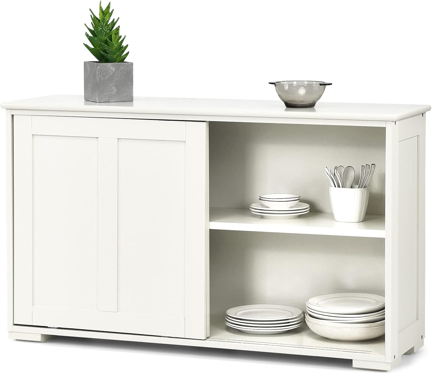NAFORT Wooden Buffet Cabinet Sideboard with Sliding Doors, Kitchen Storage Console Table, Accent Coffee Bar with Adjustable Shelf for Living Room, Dining Room (White, 13" D x 42" W x 23.5" H)