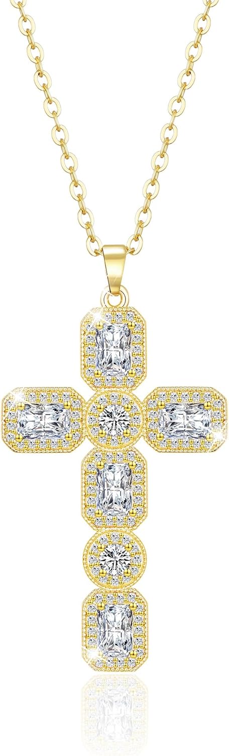 Linawe Cross Necklace for Women, Gold/Silver Jewelry Cross Charm Chain Necklaces, Moissanite Crystal Birthstone Cubic Zirconia Rhinestone Necklace, Religious Gifts