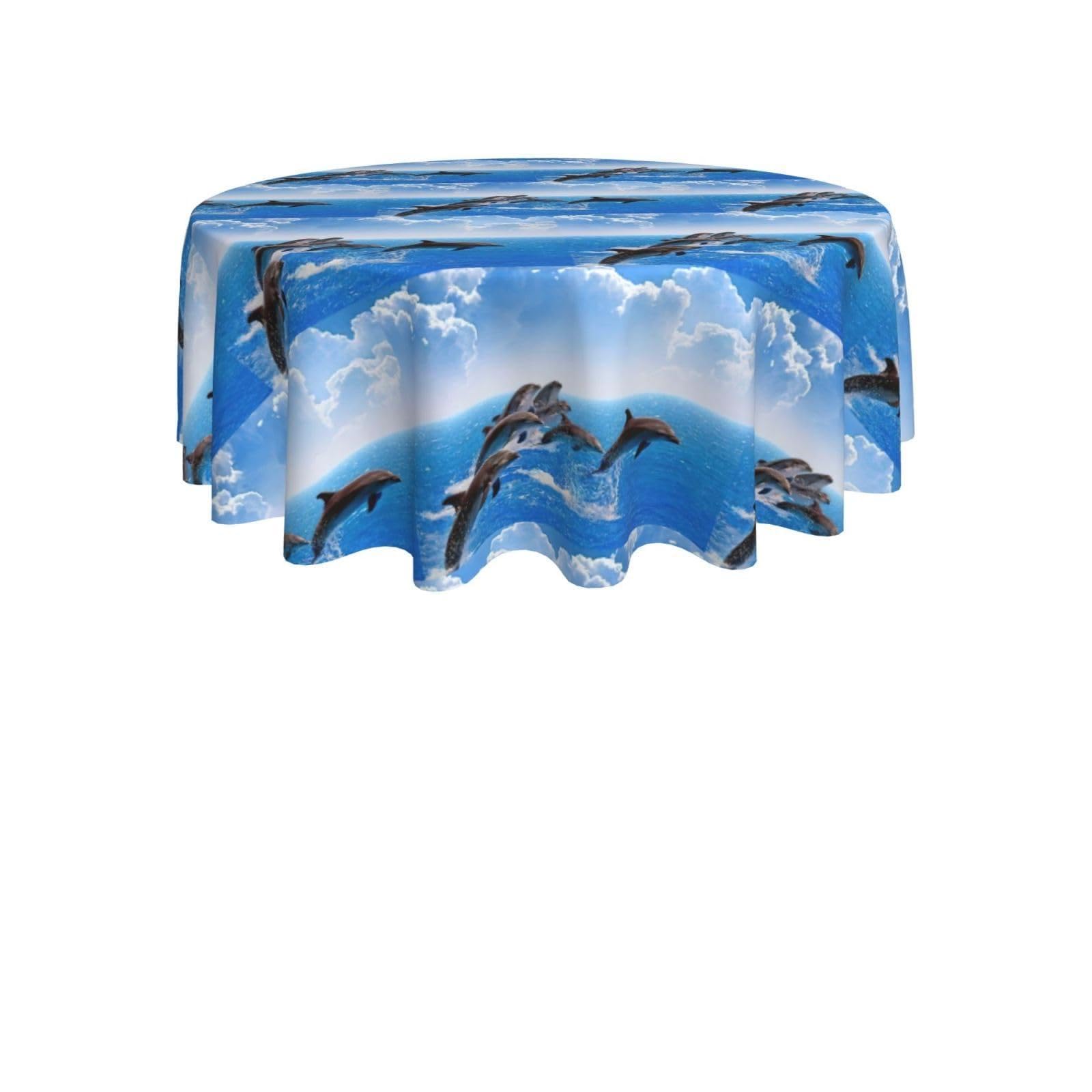 ENGhjes Unique 3D Animal dolphin Print Round Tablecloth 60in Washable Stainproof Polyester Cloth for Kitchen Idea