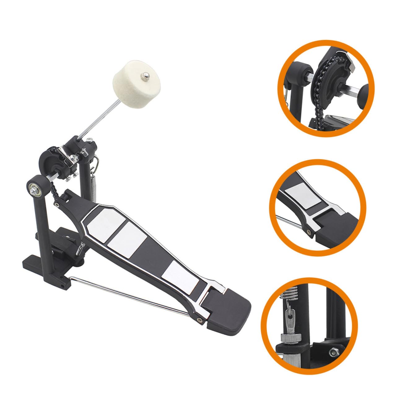 Pedale Singolo Nero per Grancassa Accessorio per Batteria | Lega Zinco Alluminio e Feltro, Struttura Robusta senza Bave, Design Classico