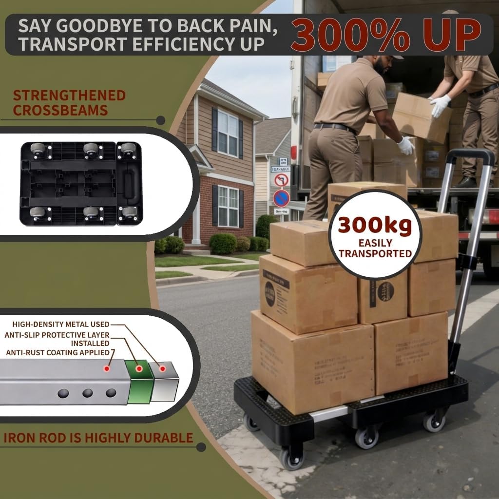 Folding Hand Truck,Foldable Dolly Cart With Wheels,500LB Heavy Duty Luggage Cart,6-wheel convenient Hand Truck,2 fixing ropes & 1 extra big storage bag Suitable for luggage,travel,moving(Black)