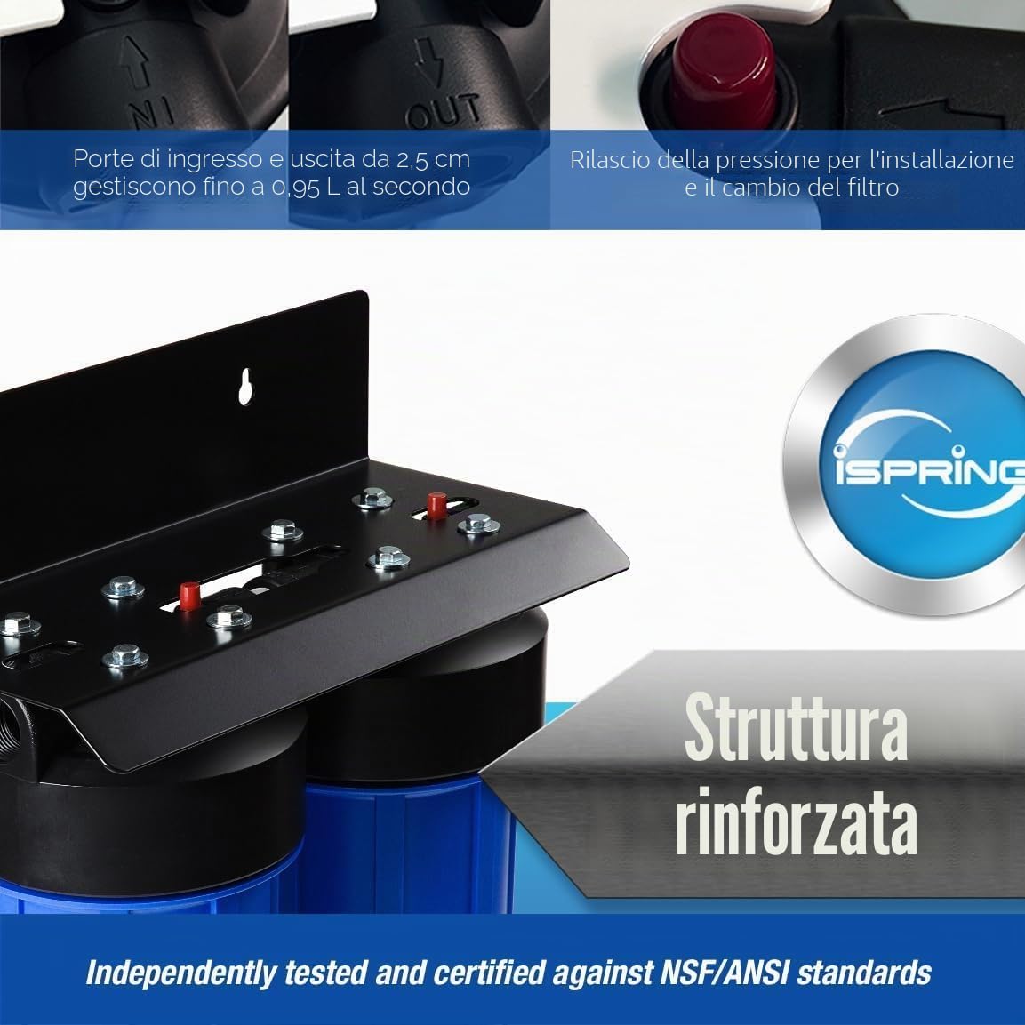 iSpring WGB21B-KS Purificatore d'Acqua, Sistema di Filtrazione Acqua Ingresso Generale per Tutta la Casa, Filtro CTO 10"x4.5", Filtro KDF+GAC, Elimina Cloro, Ferro, Piombo e Odori, Connessione 1"