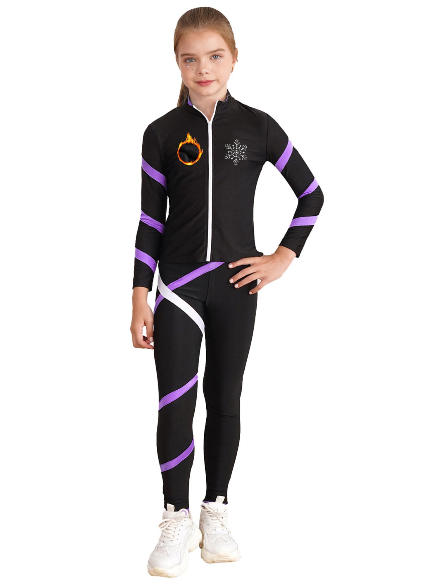 CHICTRY Eiskunstlauf Trainingsanzug Mädchen Thermo Jacke Glitzer Strass Sportjacke Langarm Mit Streifen Patchwork Eislaufhose Tanzhose Wettbewerb Tanzkostüm Helles Lila 134-140