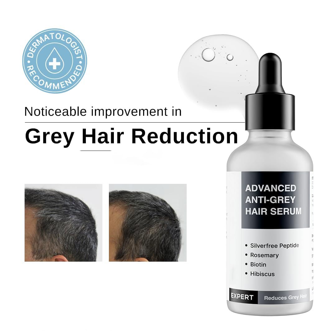 Advanced Anti Grey Hair Serum | Reduces Hair Greying | Silverfree Peptide + Biotin + Rosemary | Fast Absorbing, Odorless, Non-Sticky | Clinically proven formula For Men & Women | 50ml