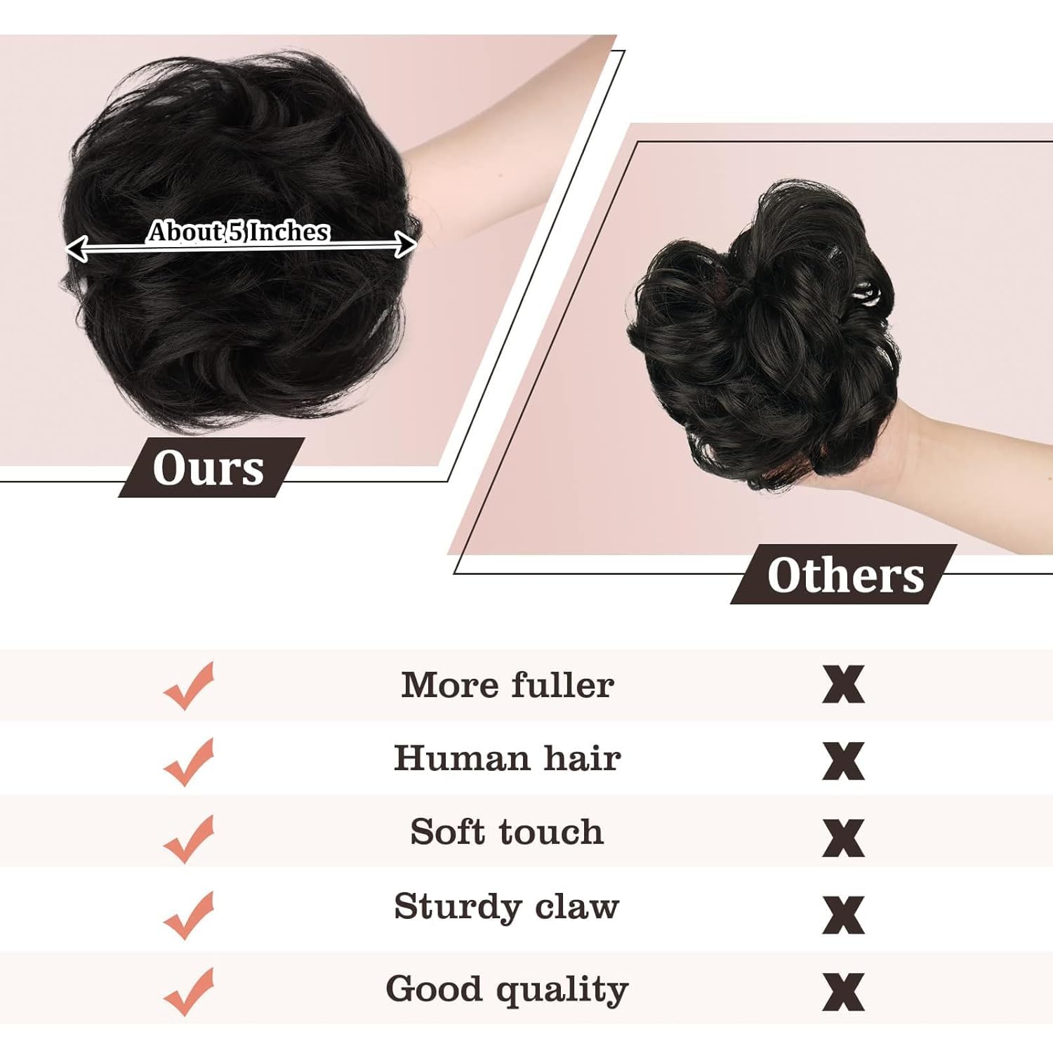 RUWISS Moño Postizo Desordenado con Pinza para Extensiones de Coleta 100% Cabello Humano Ondulado y Rizado Scrunchies de Cabello Humano Genuino con Clip para Mujeres (Negro Natural)
