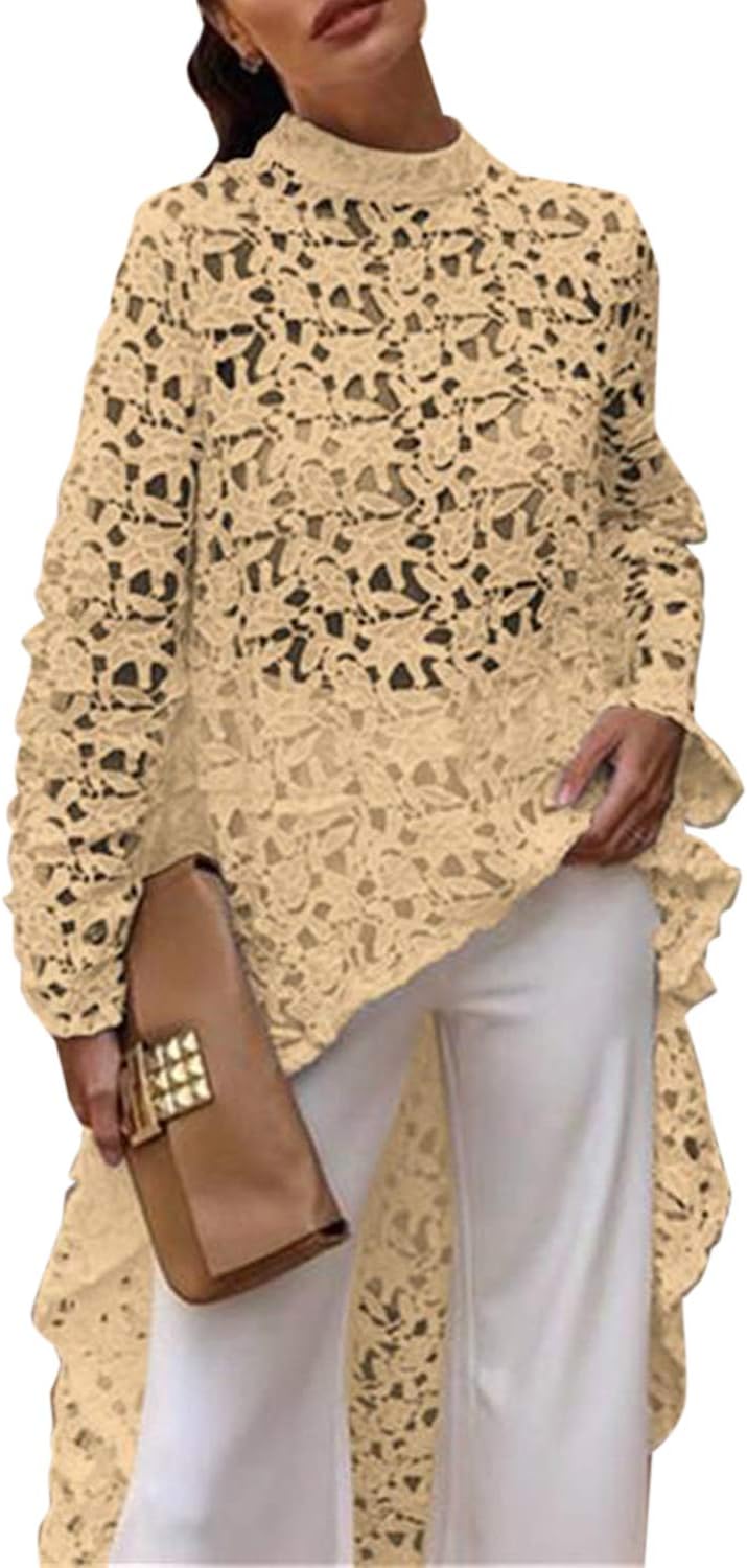 AUDATE Women Irregular Ruffles Shirt Long Lantern Sleeve Sweatshirt Pullovers Tops Blouse
