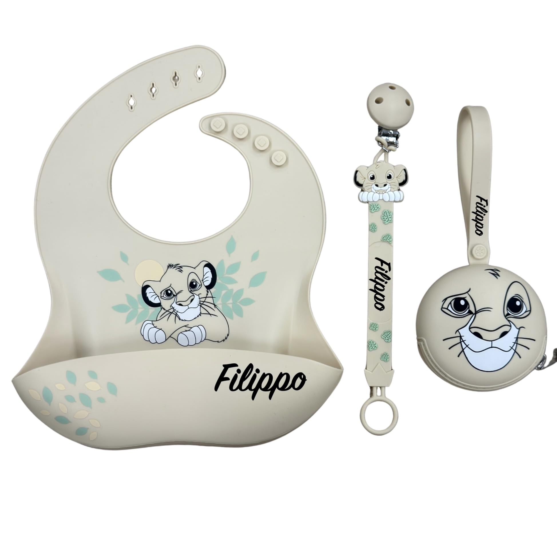 NOVITÁ Fettuccia IN SILICONE, per ciuccio personalizzata con nome, leone, BABYJART, lavabile,sicura per il bambino,compatibile con ciuccio MAM e CHICCO AZIENDA ITALIANA, MADE IN ITALY!