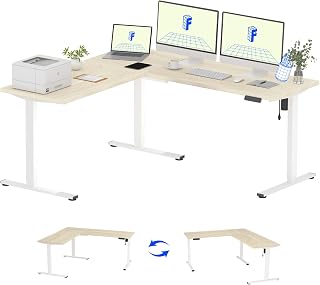 FlexiSpot L-Shaped Standing Desk 71x63 Inch Electric Height Adjustable Corner Workstation, Reversible, Memory Presets, White Frame Maple Top