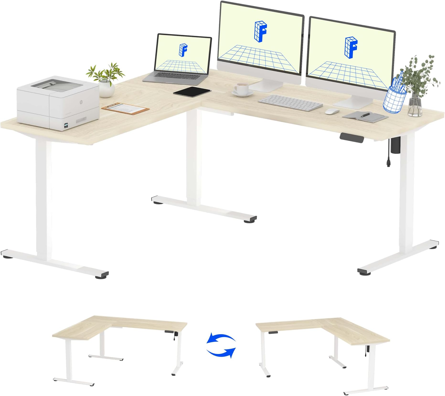 FLEXISPOT L Shaped Standing Desk, 71 x 63 Inch Electric Height Adjustable Corner Desk, Sit Stand Computer Workstation, Preset Controller, Home Office, White Frame with Maple Top
