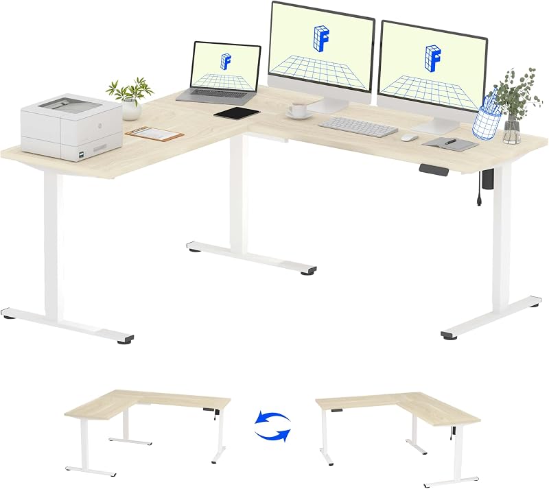 FLEXISPOT 71 x 63 Reversible L-Shaped Electric Standing Desk, Maple | Height Adjustable, Large Workspace, Anti-Collision, Memory Presets, Sit Stand Desk for Home Office & Gaming