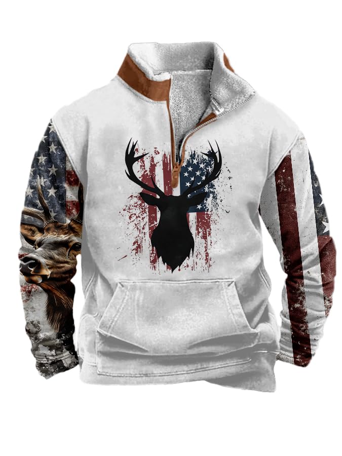 American Flag Sweatshirts Men Quarter Zip Fleece Pullover Vintage Graphic Long Sleeve Stand Collar Jacket with Pocket