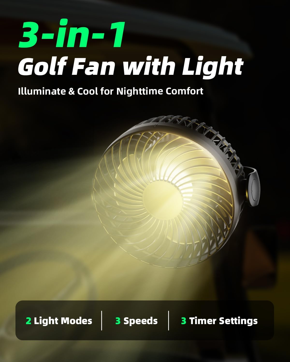 2 Pack Magnetic Golf Cart Fans Rechargeable,10000mAH Battery Operated Portable Fan with 3 Speeds,30H Working Time,LED Lantern,360° Rotatable Head, Fits EZGO/Club Car/Yamaha Golf Cart - Image 5